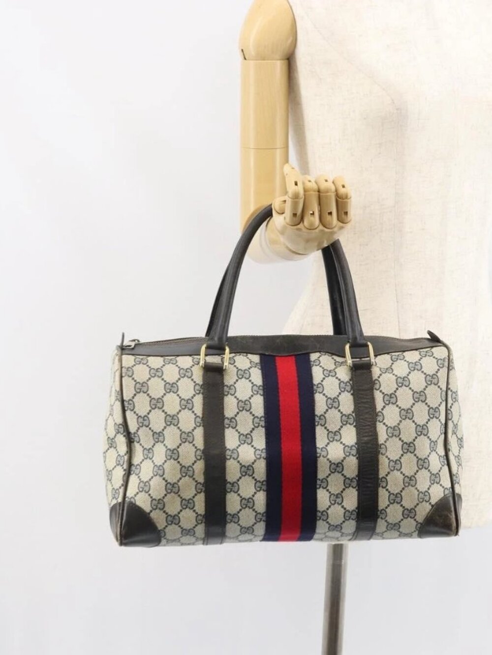GUCCI GG Supreme Boston Bag PVC Navy Gold Auth 162988